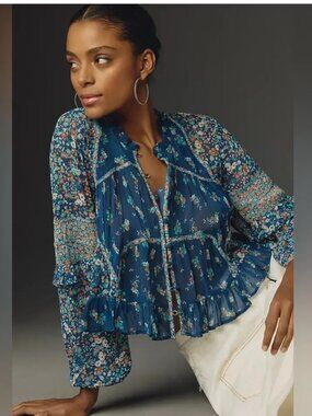 Boho Floral Peasant Blouse - Navy